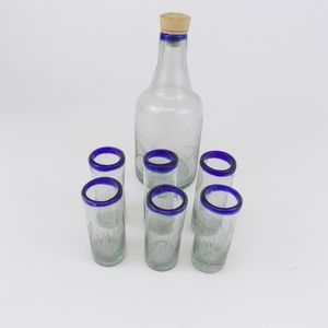 Hand Blown Etched Glass Decanter W 6 Shot Glasses